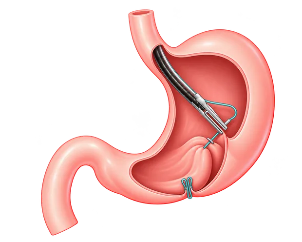 Ilustración de gastroplastia endoscópica mediante suturas con Endomina