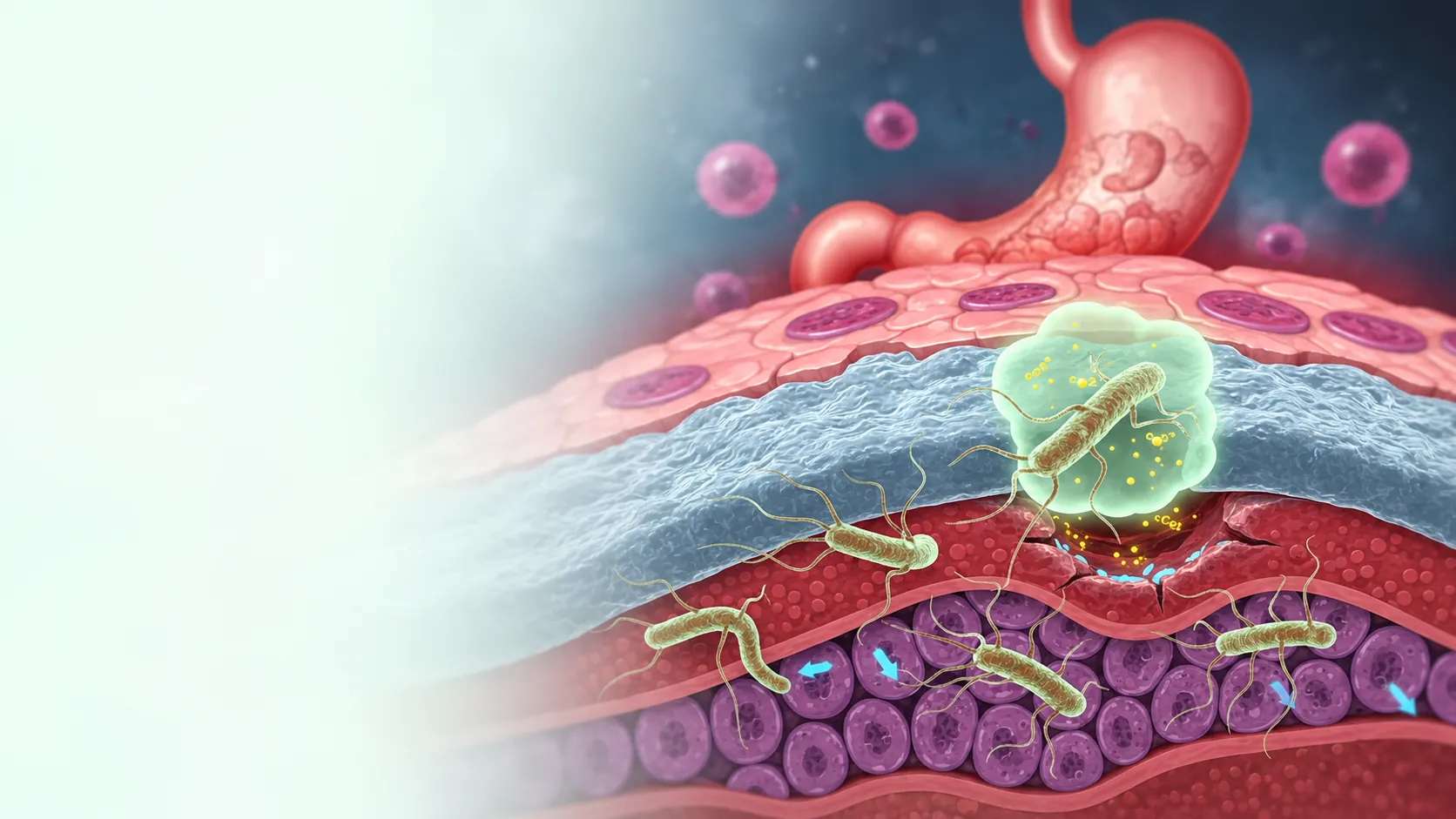 Ilustración de Helicobacter pylori sobre la mucosa gástrica