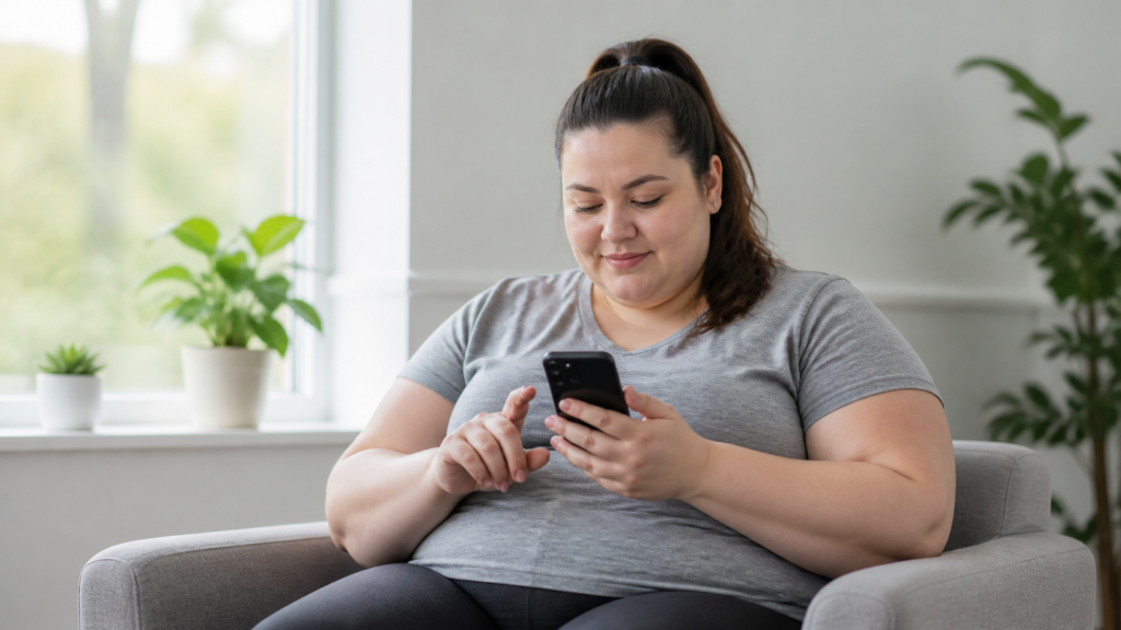 Persona con obesidad usando el teléfono móvil